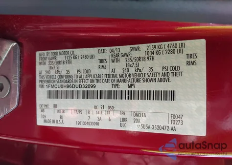 2013 Ford Escape Sel from USA, damaged, VIN 1FMCU0H96DUD32099